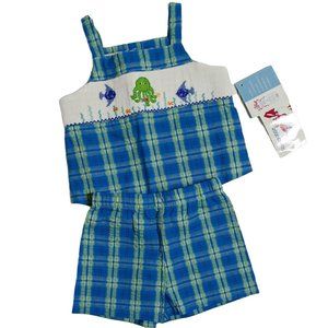 Silly Goose NWT Sz 12 months Tank Top Smocked Plaid Blue Green 100% Cotton NEW